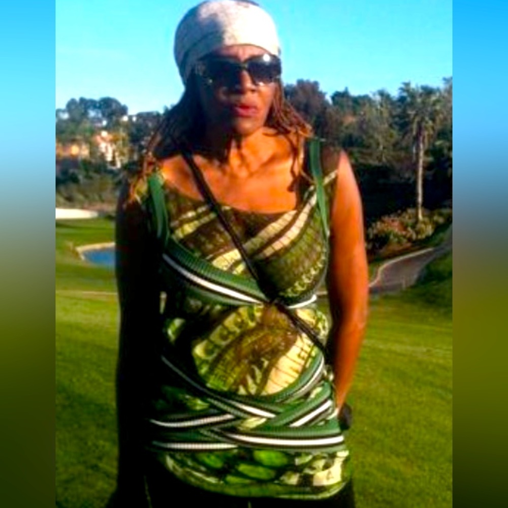 Jean Paul Gaultier, Silks chiffon sleeveless blouse, size XL. Green white black.